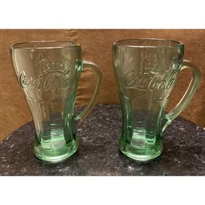 LIBBEY GLASS CO Green Glass Coca-Cola Coke 6 3/8"h Handled Mugs Set of 2)